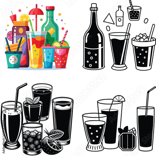 Colorful and Monochrome Illustrations of Refreshing Summer Drinks