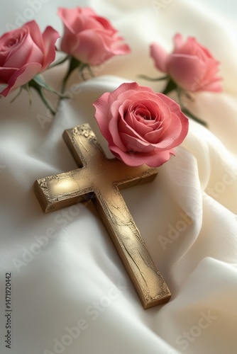 Christian cross with pink roses religious symbol faith hope love spiritual easter church