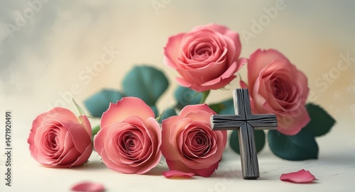 Pink roses with cross photography christian sympathy condolence funeral memorial service