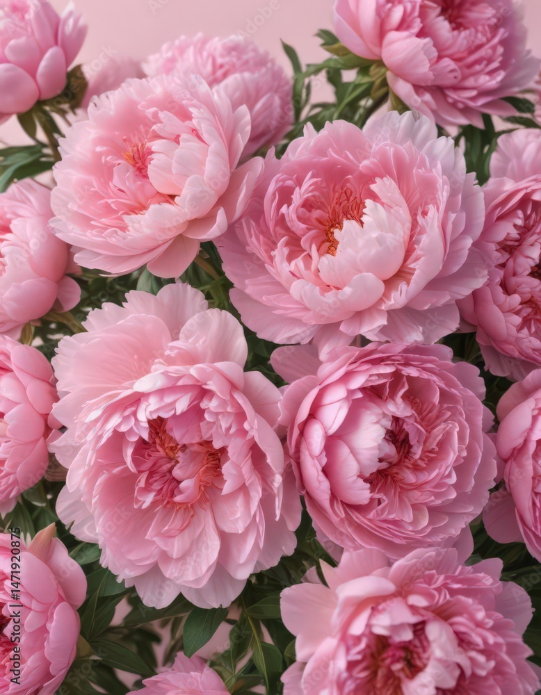 Fototapeta premium Tightly packed pink peonies, velvety petals, light pink backdrop , spring, botanical