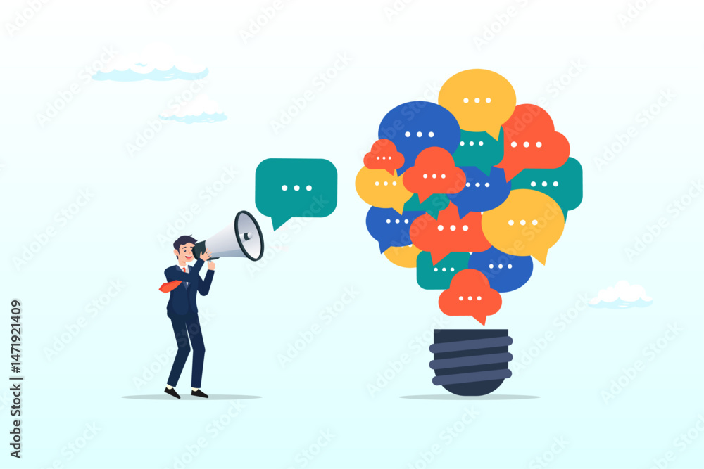 Businessman talking on megaphone with speech bubble lightbulb idea, Communication, marketing message to communicate with consumer, advertising strategy, media or announcement information dialogue Businessman talking on megaphone with speech bubble lightbulb idea, Communication, marketing message to communicate with consumer, advertising strategy, media or announcement information dialogue