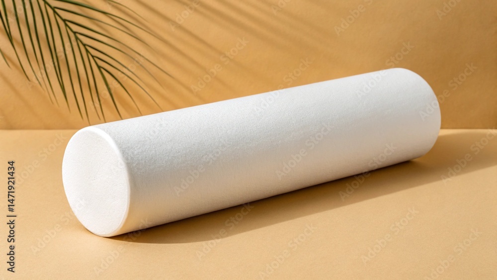 Fototapeta premium A pristine white foam roller, a symbol of wellness and muscle recovery, rests on a warm beige background, subtly accented by the shadow of a palm leaf, conveying a serene