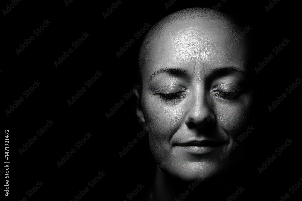 A serene woman with a shaved head, eyes closed, displays a peaceful expression under soft lighting, conveying calmness and tranquility A serene woman with a shaved head, eyes closed, displays a peaceful expression under soft lighting, conveying calmness and tranquility