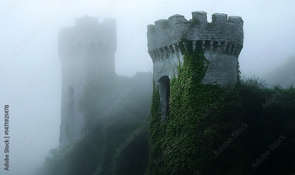 Two stone towers surrounded by heavy fog and lush green vegetation