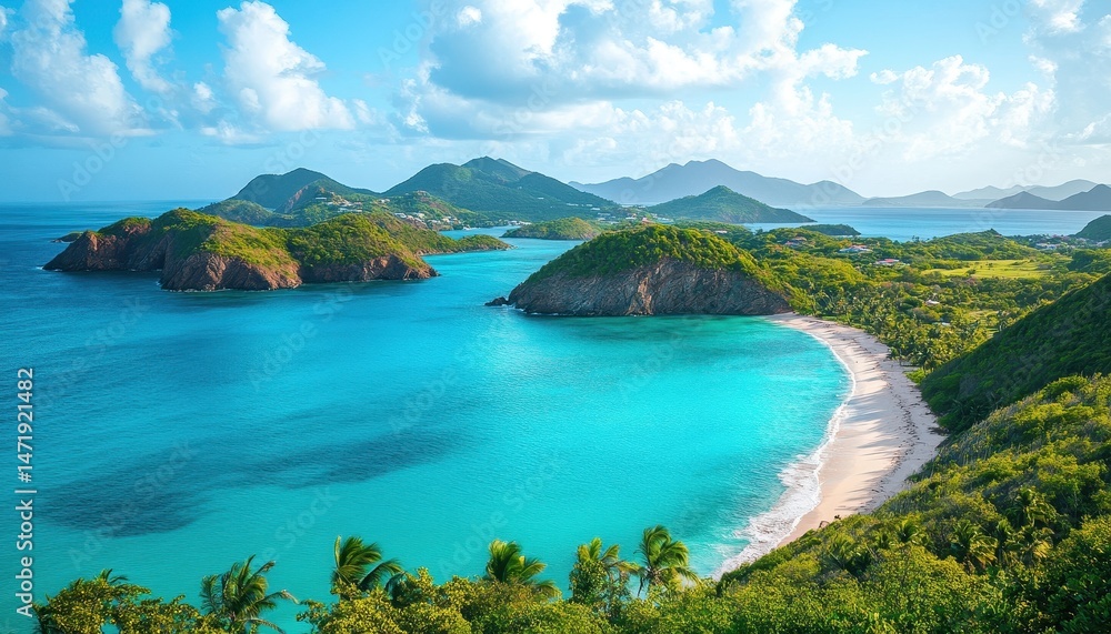 Obraz premium Turquoise Waters Surrounding Tropical Islands With Sandy Beaches Under Bright Sky Blue Caribbean Aerial View of Lush Greenery With Tropical Beach Destination