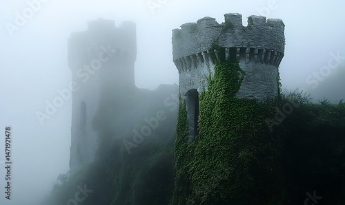 Obraz na płótnie Two stone towers surrounded by heavy fog and lush green vegetation w salonie