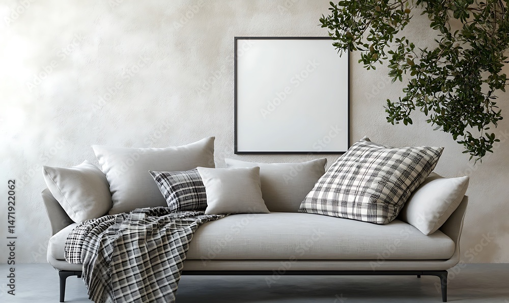 A modern living room interior features a comfortable sofa and greenery