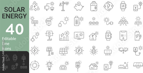 Collection Of Modern Thin Line Style Solar Energy Icons Set Related Sun Power Photovoltaic (PV), Home System, Renewable Electric Energy Technology Signs Vector Illustration On An Isolated Background