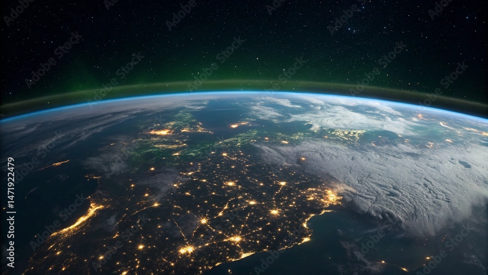 Fototapeta premium The curved horizon of Earth glows with a brilliant green aurora, as the intricate network of city lights below illuminates the continent, offering a mesmerizing perspective on natural wonders