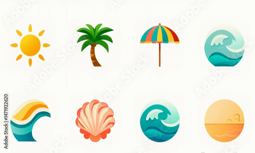A colorful vector icon set featuring sea beach elements like umbrellas, starfish, seashells, surfboards, and beach balls, perfect for summer and vacation themes.
