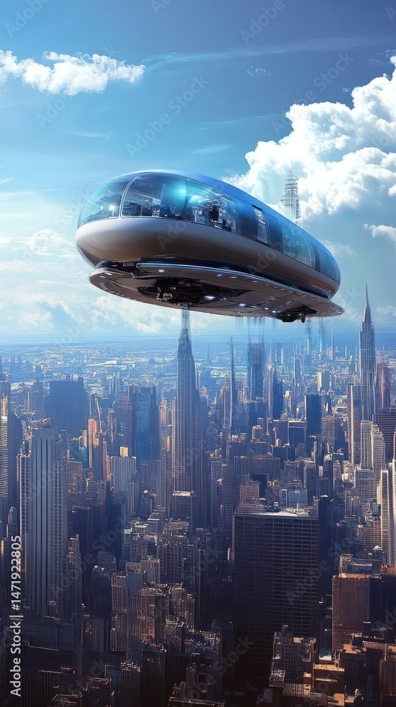 Fototapeta premium Futuristic airship above a cityscape panorama.