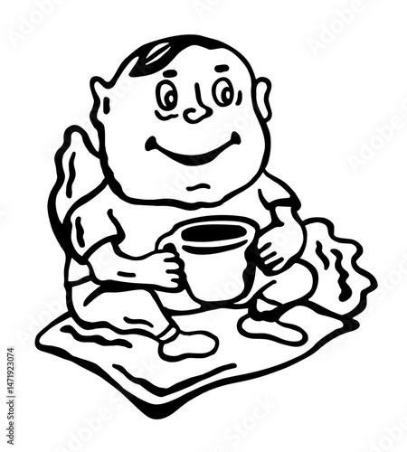 
Black and white vector illustration of a toddler with a cup in the middle of nature on a white isolated background