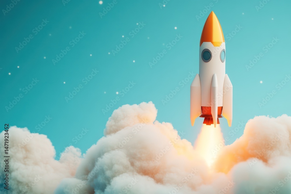 Fototapeta premium Futuristic 3D rocket launch in abstract background