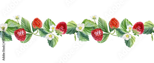 Watercolor Strawberry Seamless Borders – Hand-Painted Floral & Berry Patterns, A vibrant and realistic watercolor strawberry illustration, perfect for packaging, menus, invitations, cards