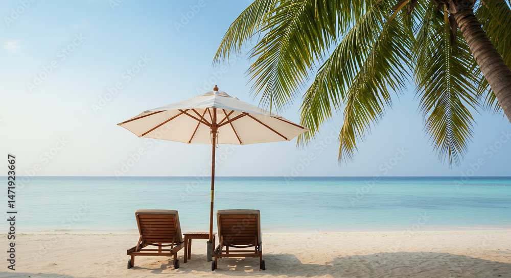 Obraz premium Tropical Beach Escape: Relax Under Palms, Sun, & Azure Waters. Paradise Found!