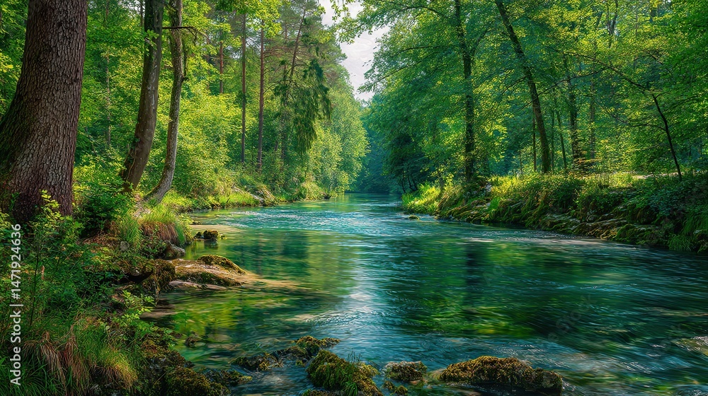The tranquil river winds through the ancient forest, surrounded by towering trees and lush green leaves. It showcases the harmony between rocks, tree trunks, the natural river, water, and green leaves The tranquil river winds through the ancient forest, surrounded by towering trees and lush green leaves. It showcases the harmony between rocks, tree trunks, the natural river, water, and green leaves