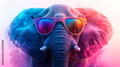 Colorful, vibrant digital artwork of an elephant wearing trendy sunglasses, capturing a fun, bold, and playful vibe with neon hues.  
