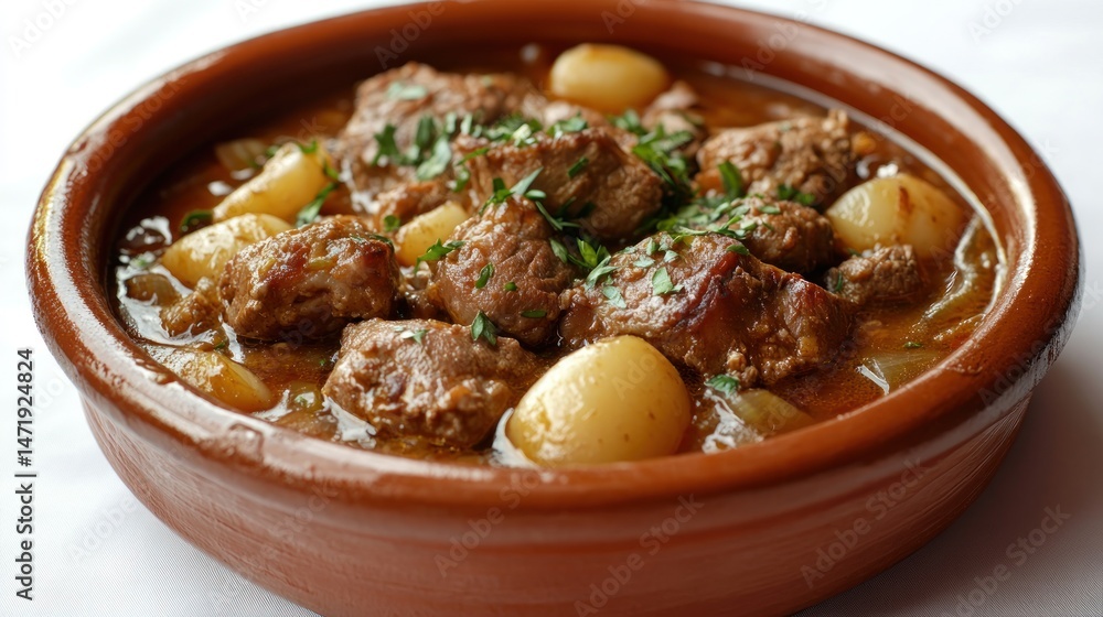 Hearty stew in a terracotta bowl (1) Hearty stew in a terracotta bowl (1)
