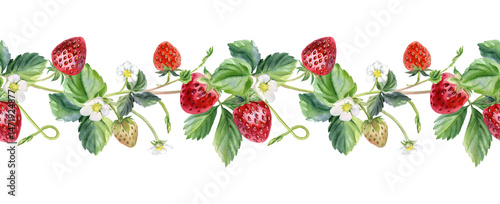Watercolor Strawberry Seamless Borders – Hand-Painted Floral & Berry Patterns, A vibrant and realistic watercolor strawberry illustration, perfect for packaging, menus, invitations, cards