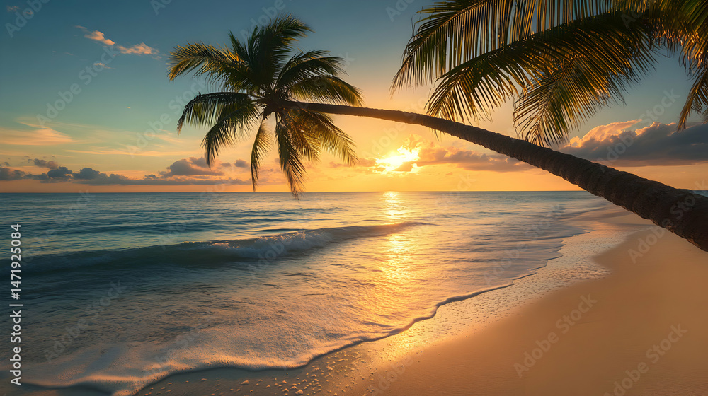 Fototapeta premium Tranquil Sunset Over Serene Beach with Palm Tree Silhouette