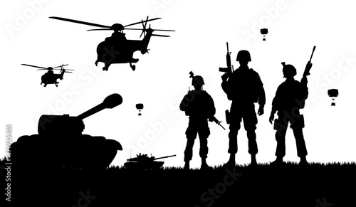 Silhouette of american military or army soldier at war with weapon, sniper rifle, tank and helicopter. USA memorial, veteran or independence day background pattern. Symbol of pride, honor and freedom.