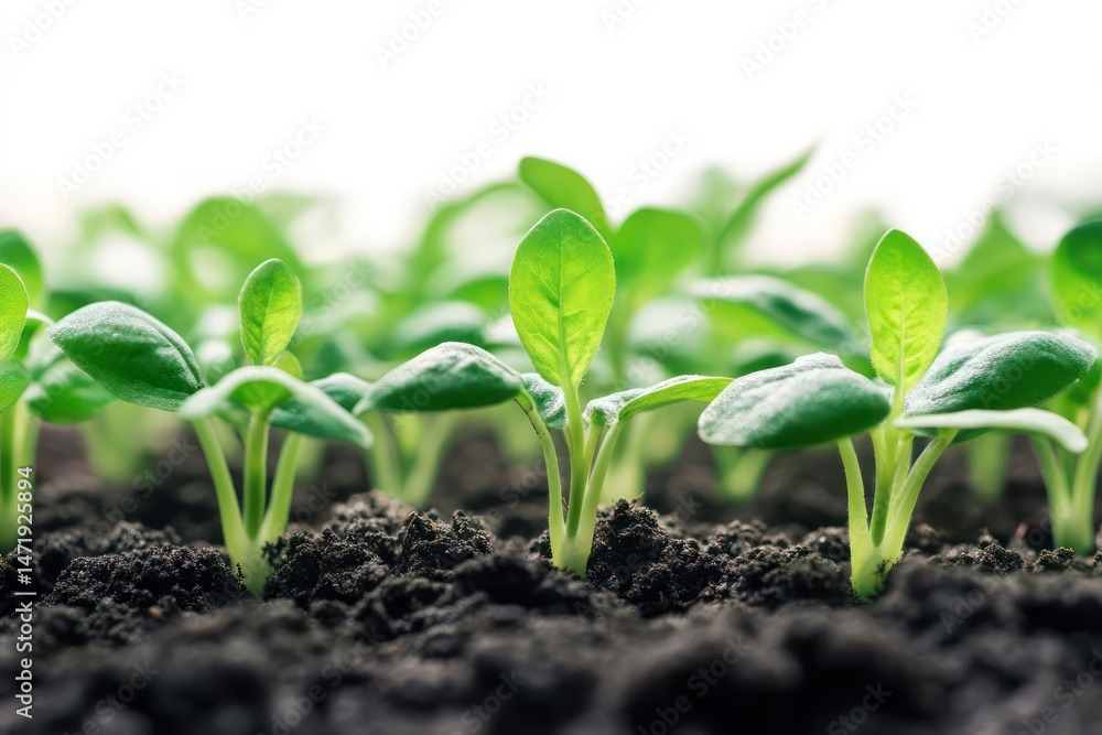 Fresh seedlings sprouting from dark soil under white light Fresh seedlings sprouting from dark soil under white light