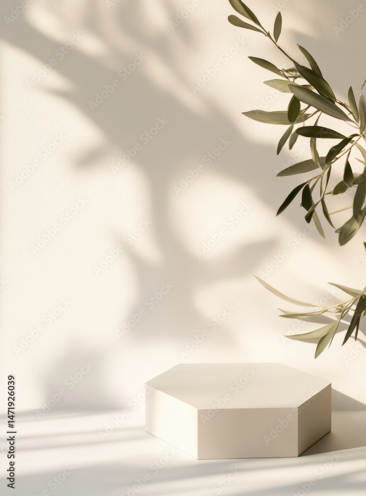 Hexagonal platform with olive branch and sunlight shadows on a white background