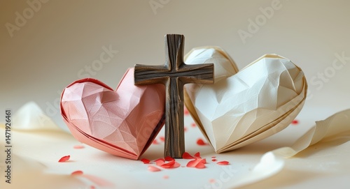 Christian wedding love concept with cross and origami hearts for marriage celebration