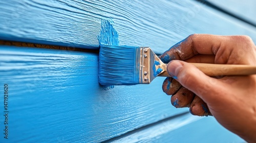 Close-up of a person painting wooden exterior siding with blue paint using a paintbrush for home renovation or outdoor wall decoration