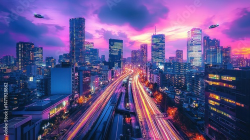 Wallpaper Mural Futuristic city skyline at sunset Torontodigital.ca