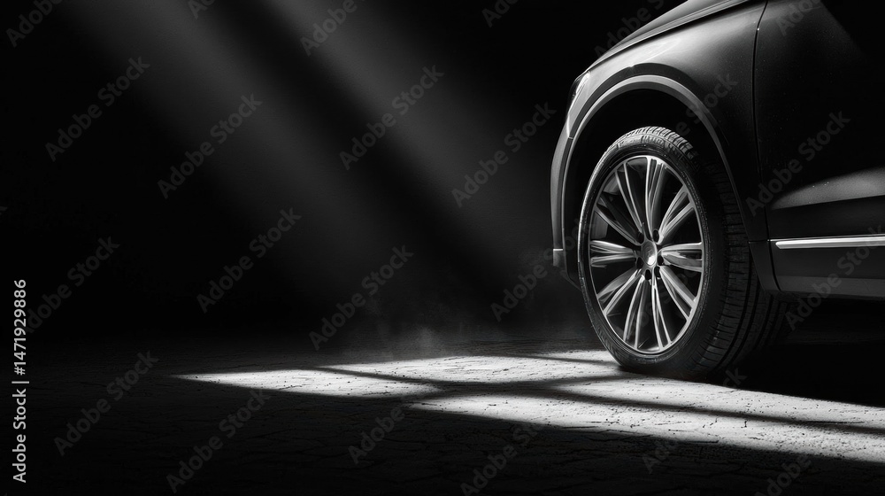 Black and white photograph of a car wheel. the car is parked on a concrete floor, and the background is completely black. Black and white photograph of a car wheel. the car is parked on a concrete floor, and the background is completely black.