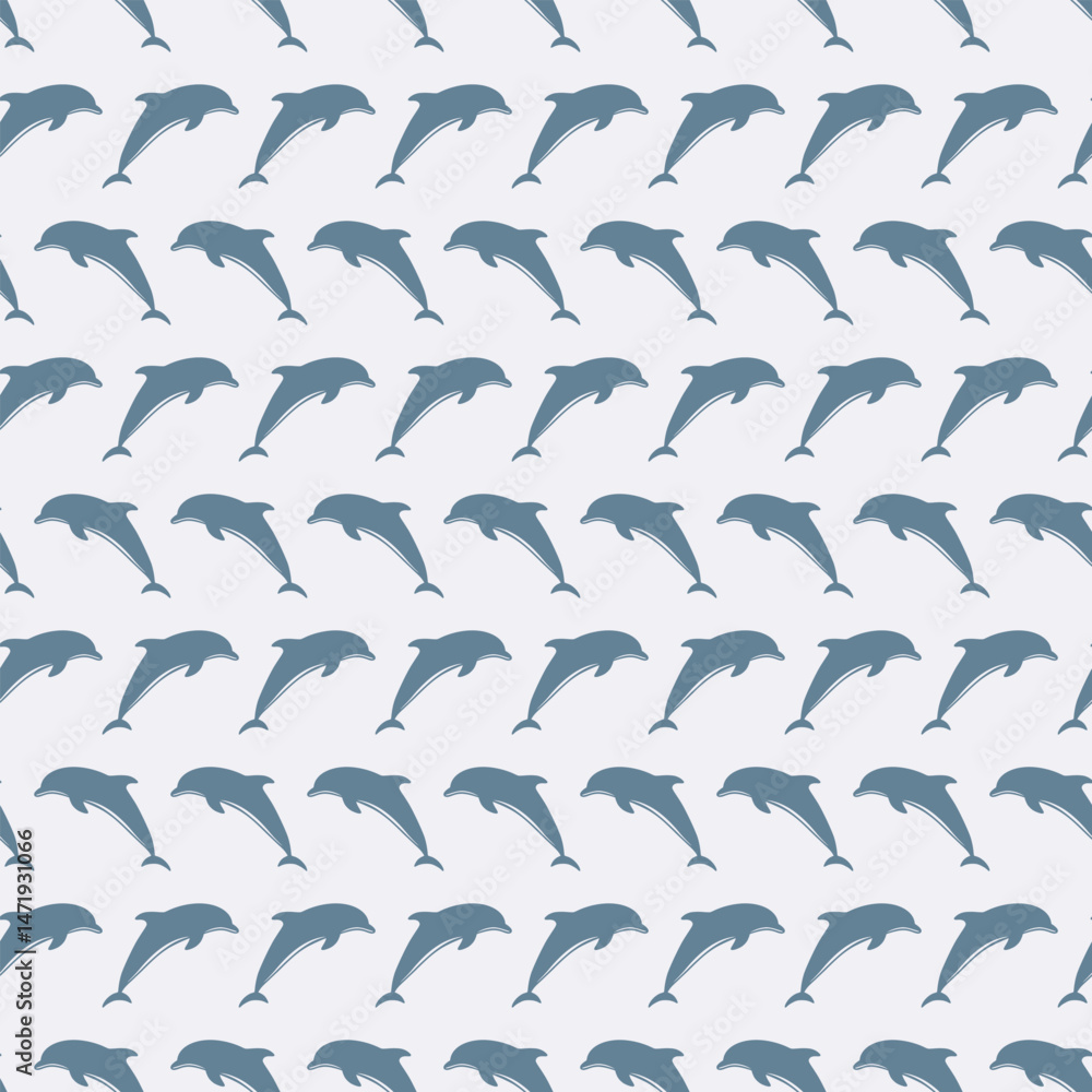 Naklejka premium Seamless pattern with stylized blue dolphins on light background. Playful marine life design, perfect for textiles, kids' products, and summer themes. Marine seamless cute baby pattern.