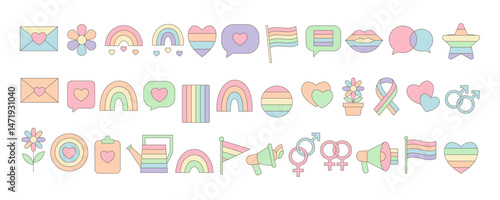 Set of pastel LGBT pride icons in minimalist flat design. Includes rainbows, hearts, speech bubbles, flags, flowers, symbols and support signs. LGBTQ stickers and social media. Colorful Pride Month