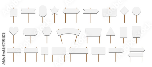 Placard pole big set vector illustration, demonstration banner, picket sign. Picket banner frame. Flat empty boards with wood sticks, protest sign template. Blank demonstration banners vector set.