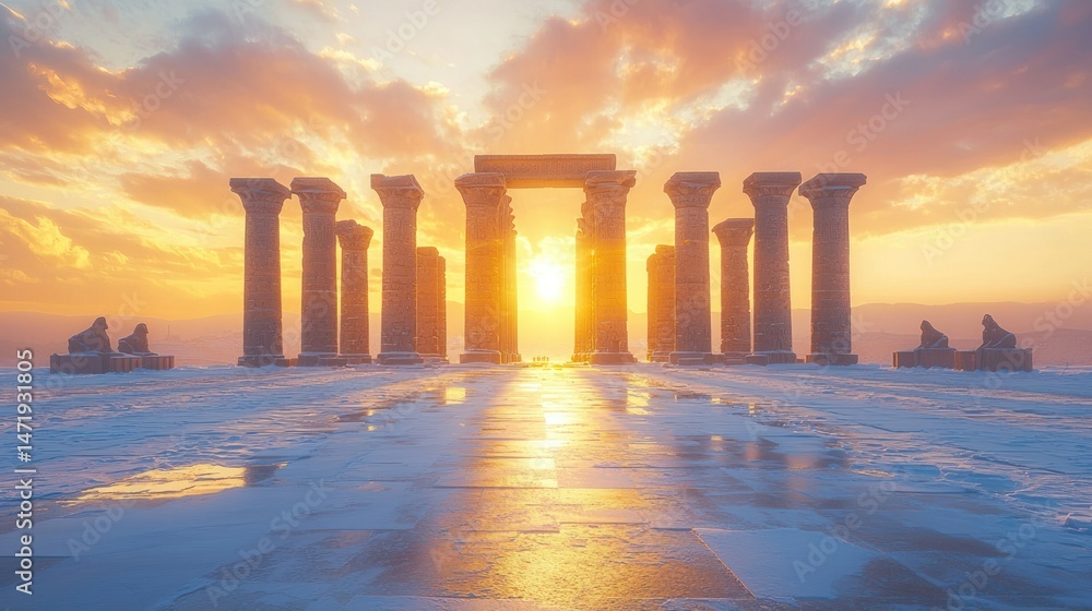 Naklejka premium Ancient ruins bathed in golden sunset light, frozen landscape
