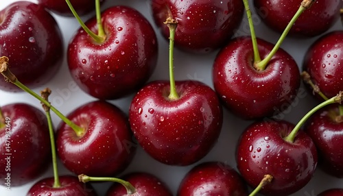 Fresh Red Cherries with Stems and Water Droplets