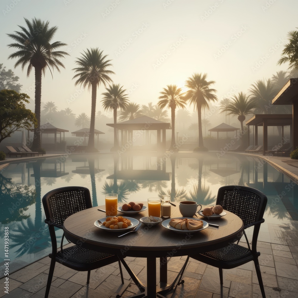 custom made wallpaper toronto digitalEarly morning by the pool, light mist, mirrored water, palms reflected, breakfast served on an open veranda