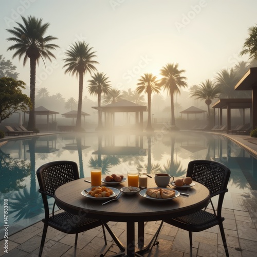 Wallpaper Mural Early morning by the pool, light mist, mirrored water, palms reflected, breakfast served on an open veranda Torontodigital.ca