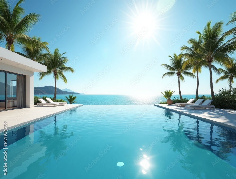 Fototapeta premium Modern villa with infinity pool facing the sea, tropical palm trees, bright sun, minimalist design, white and blue tones. 