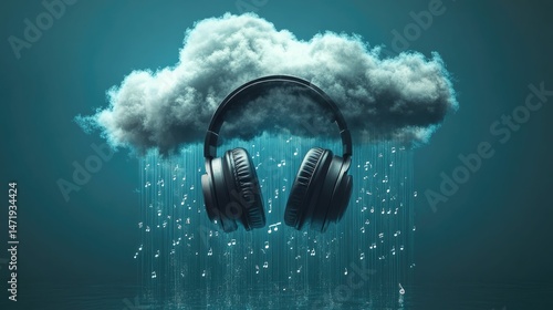Headphones in cloud; musical notes rain down.