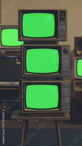 Vertical animation of an old television mockup with a green screen
