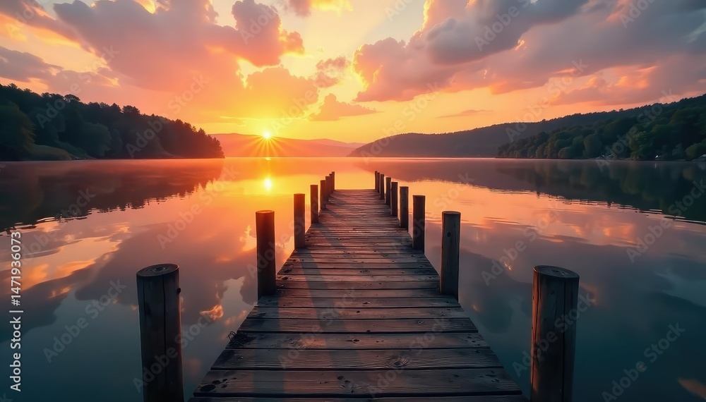 Fototapeta premium Rustic wooden hunting dock extending over calm water at sunrise , secluded, tranquil, shadows