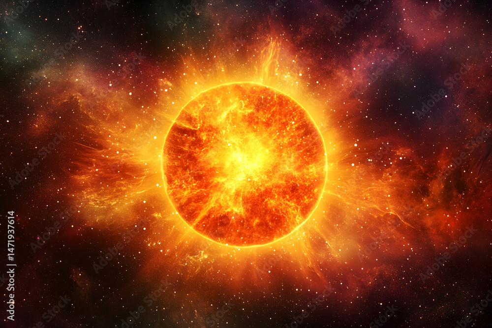 Obraz premium Bright Solar Explosion in Deep Space with Starry Background