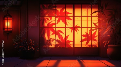 Serene Evening at a Japanese Inn: Golden Hour Light Illuminates Maple Leaf Design on Shoji Screen