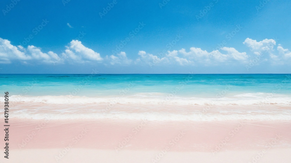 Obraz premium Pink sand beach with turquoise water under a blue sky with fluffy clouds