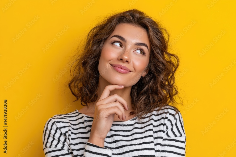 A woman in a striped shirt is smiling and looking up with her hand on her chin, against a yellow background A woman in a striped shirt is smiling and looking up with her hand on her chin, against a yellow background