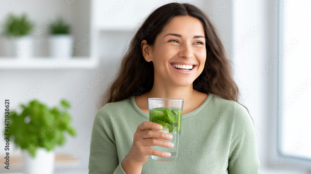 Woman enjoying refreshing infused water with mint and lemon, smiling brightly in a bright kitchen, surrounded by greenery and natural light, promoting healthy lifestyle choices Woman enjoying refreshing infused water with mint and lemon, smiling brightly in a bright kitchen, surrounded by greenery and natural light, promoting healthy lifestyle choices