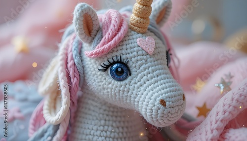 Close-up of a pastel yarn unicorn plushie with glittery eyes, handmade crochet texture visible, surrounded by tiny stars and soft fabric, magical gift aesthetic