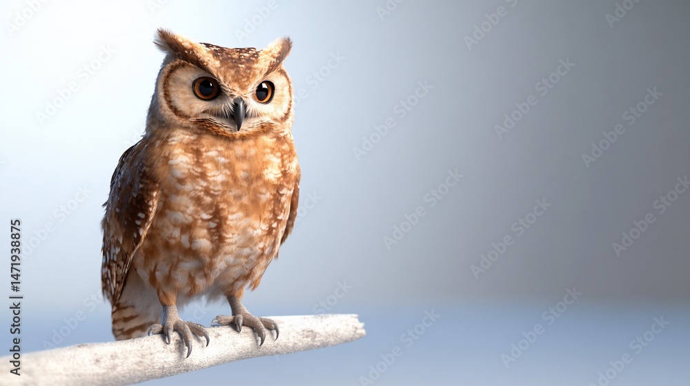 Obraz premium Realistic owl perching on branch, brown feathers, intense gaze, blue/white gradient
