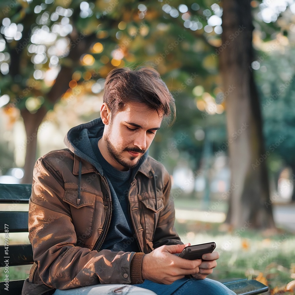A young man sits on a bench, gazing at his phone, with a beard and brown jacket, in a blurry outdoor setting with trees. A young man sits on a bench, gazing at his phone, with a beard and brown jacket, in a blurry outdoor setting with trees.